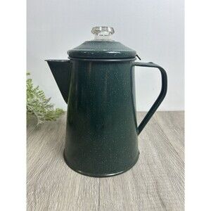 Vintage Coffee Pot Percolator, Camping Pot Enameled Green With White Speckles